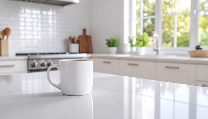 White Ceramic Mug Mockup on Kitchen Table with Morning Light

