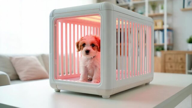 Puppy in veterinary red light therapy crate, pet led therapy kennel, photobiomodulation chamber for small dog, low level nir treatment, tissue repair recovery, calming home wellness care
