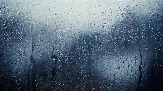 A close-up image portrays a wet window with numerous water droplets and streaks. The glass surface exhibits varying shades of blue, conveying a somber, rainy mood