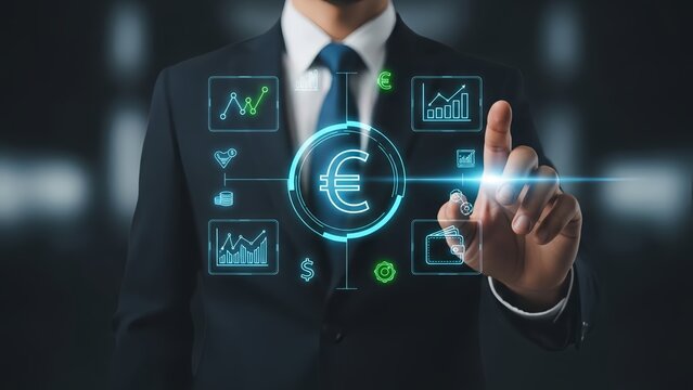 Businessman interacting with digital finance interface - Powered by Adobe