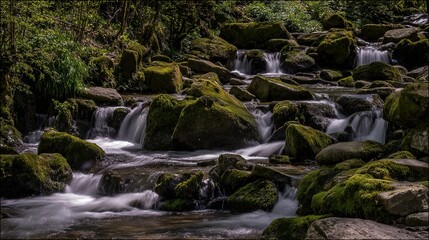 Fototapeta premium dappled. Forest stream water flowing around a mossy rock, creating whirlpools in sunlight. travel magazines, destination branding, designed for outdoor magazines and nature guides.
