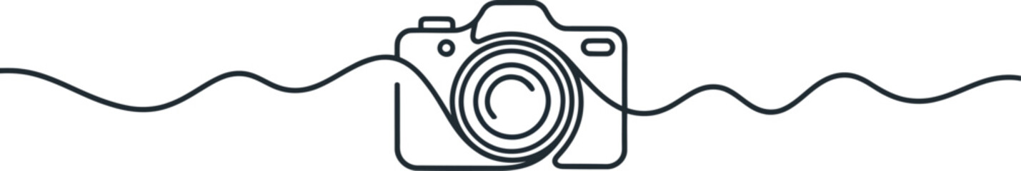 A continuous line drawing shows a modern digital camera with a wavy line indicating motion or creativity