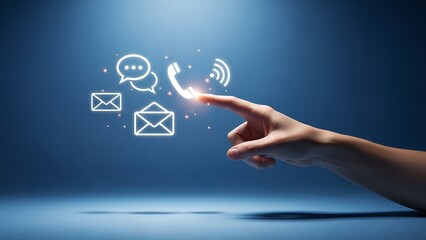Hand interacting with digital communication icons on blue background