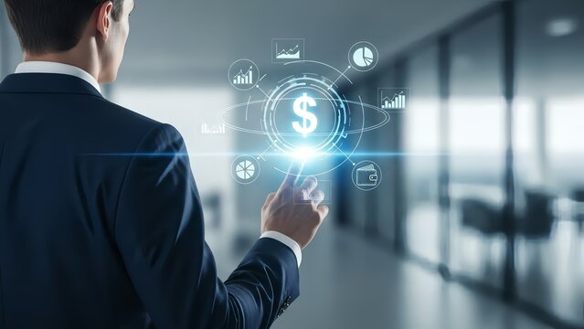 Businessman interacting with financial data visualization in modern office - Powered by Adobe