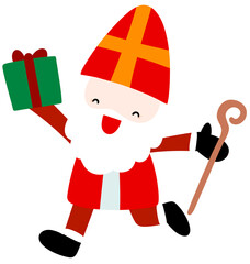 Cute Sinterklaas Cartoon Character Running with Gift and Staff, Saint Nicholas Flat Illustration for Kids Holiday Design