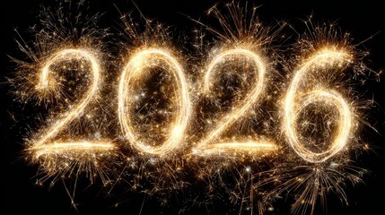 Golden sparkling 2026 new year celebration with vibrant fireworks and festive glow, holiday spirit, bright future concept.