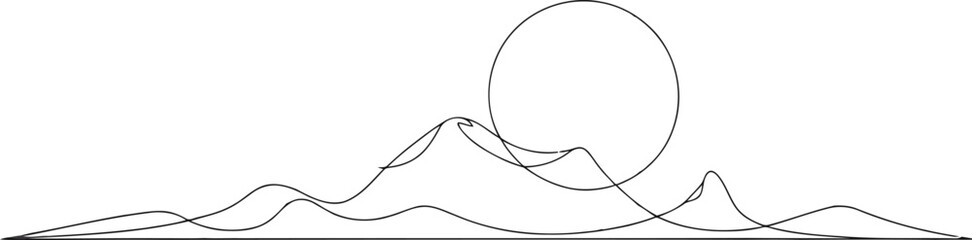 A continuous line drawing shows majestic mountains with the sun above them