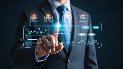 Businessman interacting with futuristic digital interface in dark suit