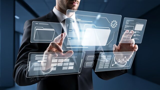 Businessman interacting with futuristic digital interface - Powered by Adobe