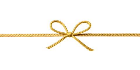 Golden rope string with knotted bow in corner against white or transparent background.