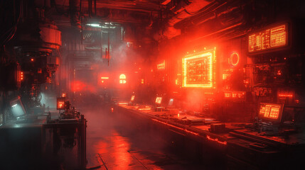  Create a neon-lit depiction of an assembly line