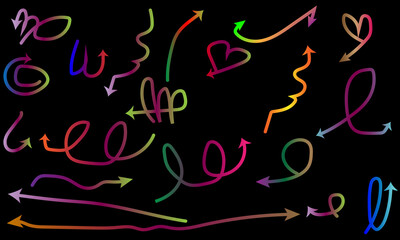 Obraz premium Colorful gradient arrows and shapes on black background abstract