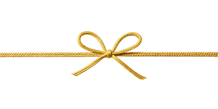Golden rope string with knotted bow in corner against white or transparent background.