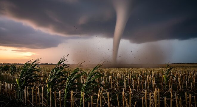 Tornado in a cornfield at sunset.