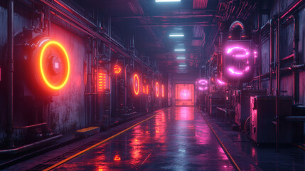  Create a neon-lit depiction of an assembly line