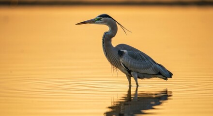 Naklejka premium Grey heron wading in golden sunset water