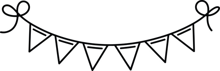 A festive string of outline bunting flags with small horizontal lines and bows marks a celebration