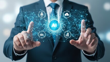 Businessman interacting with AI network interface