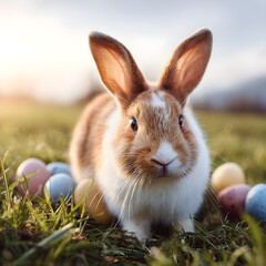 Curious bunny amidst easter eggs