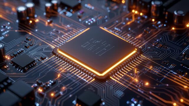 A close-up view of a computer's central processing unit, lit with orange and blue hues. Circuitry, chips, and glowing connections