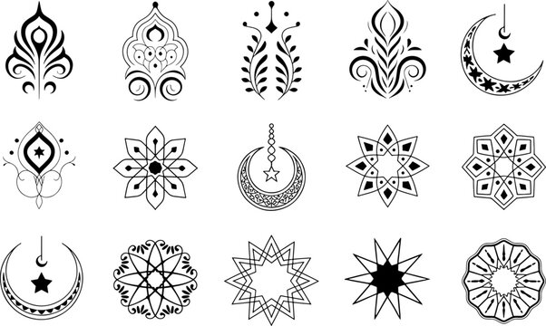 A collection of black vector tattoo stencils featuring geometric and islamic motifs
