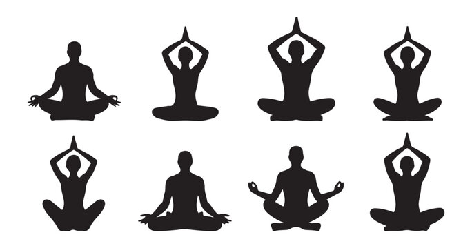 Silhouette set of people meditating in lotus pose and other yoga positions for wellness and balance.