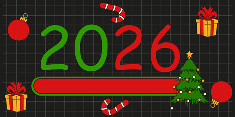 Playful 2026 Happy New Year banner template design. Vector hand drawn Christmas elements on black checkered background with 2026 number power line.