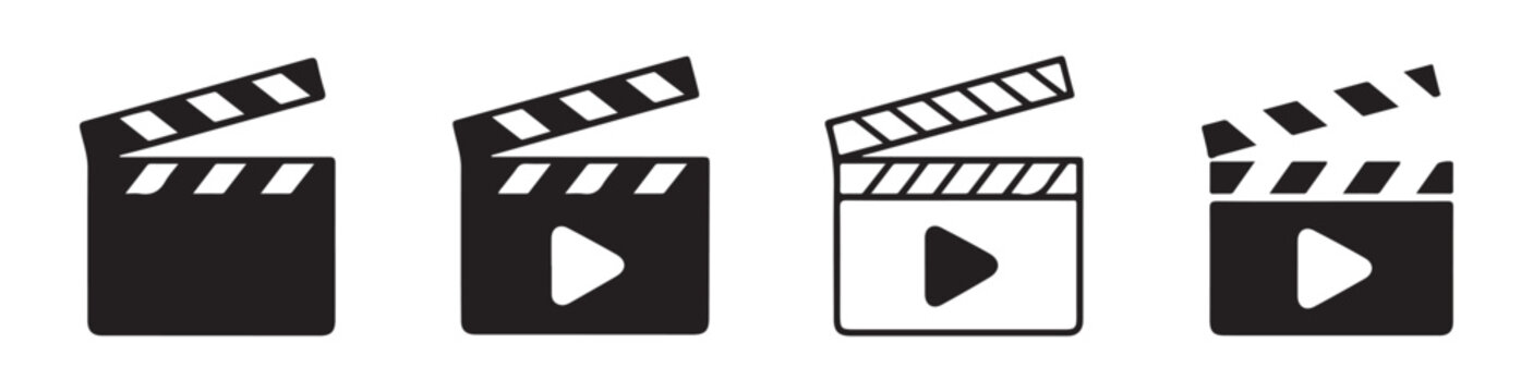 Clapperboard set film production sign vector icon. Video clapperboard play button symbol illustration