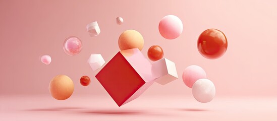 A vibrant abstract composition on a pink gradient background, featuring floating geometric shapes