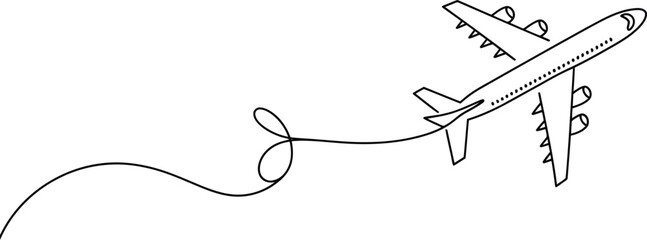 A passenger airplane is gracefully depicted in a fluid single continuous line drawing on a white background