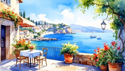 hand drawn watercolor painting of Mediterranean view restaurant. Landmark painting 