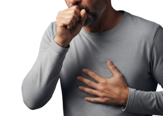 A man patients with respiratory or lung diseases, bad air and dust. tuberculosis, lung cancer and emphysema. Cough from the flu and viral infections against transparent backdrop.