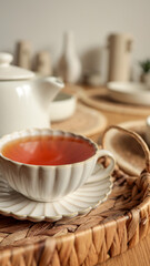 Fototapeta premium A warm cup of tea in a decorative teacup on a woven tray, perfect for a cozy morning