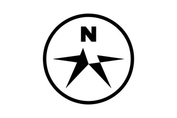 A black and white graphic symbol of a compass rose with a star pointing north.