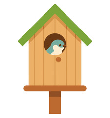 A small bird peeks out from its wooden birdhouse.