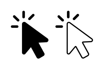 A computer cursor icon is shown in black and white with radiating lines.