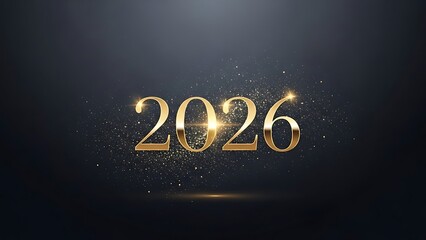 Shining gold 2026 text with sparkling particles on dark background