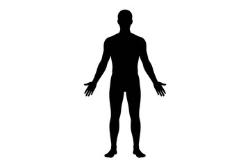 Silhouette of a person standing with arms outstretched against a white background.