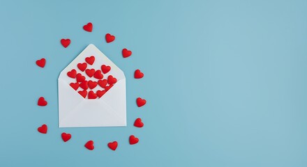 An open envelope overflowing with tiny red hearts on a light blue background