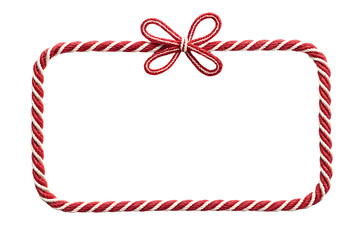 Rectangle frame made of Christmas red and white string rope with bow against on white or transparent background