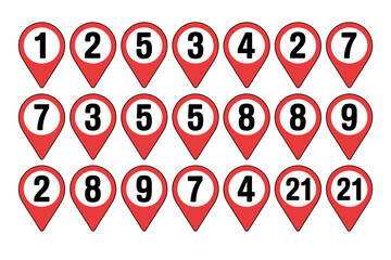Map pin markers display numbers from one to twenty-one in a grid.