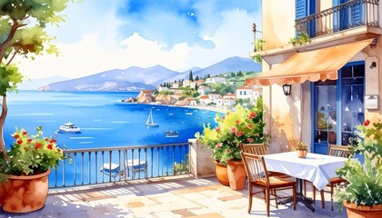 hand drawn watercolor painting of Mediterranean view restaurant. Landmark painting 