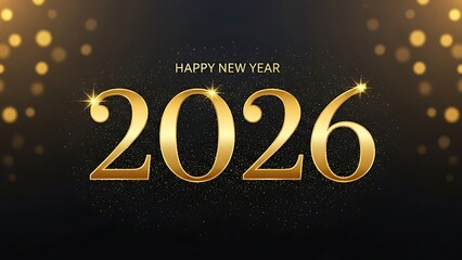 Happy New Year 2026 gold text on black background with sparkles