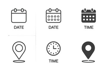 A collection of icons representing date and time and location are displayed.