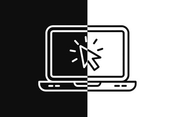 A laptop with a cursor clicking on the screen, divided by black and white backgrounds.