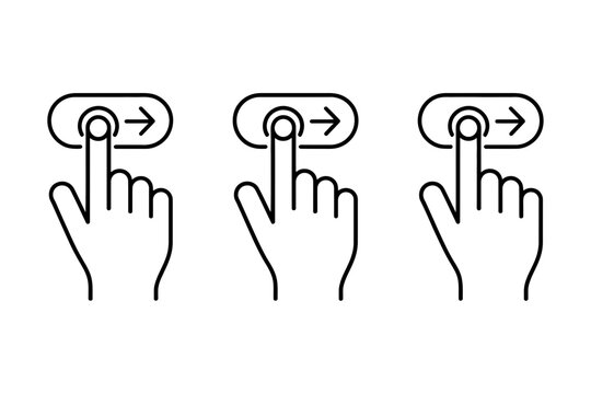 A hand performs a swipe gesture on three digital interface elements.