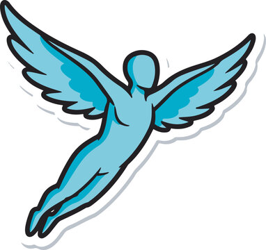 The blue winged human figure is flying through the air with outstretched arms and legs.