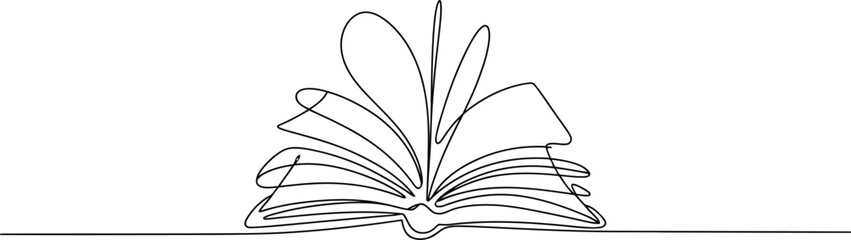 An open book with fluttering pages is gracefully depicted in a fluid continuous single line drawing