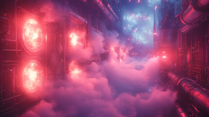  Create a neon-lit depiction of a boiler room