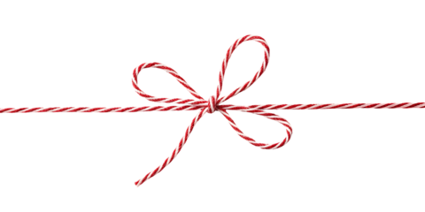 Red and white string rope with bow against on white or transparent background